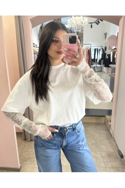 Vicolo - T Shirt Bianca Con Manica In Pizzo