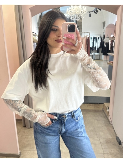 Vicolo - T Shirt Bianca Con Manica In Pizzo